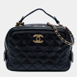 Pre Owned Chanel Black Small CC Quilted Lambskin Top Handle Vanity Case with Chain