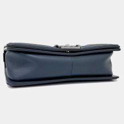 Pre Owned Chanel Blue Leather Chevron Boy Bag Medium