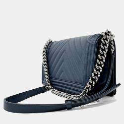 Pre Owned Chanel Blue Leather Chevron Boy Bag Medium