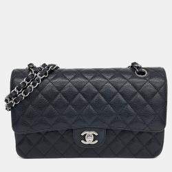 Pre Owned Chanel Black Leather Caviar Classic Medium