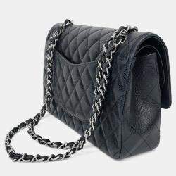 Pre Owned Chanel Black Leather Caviar Classic Medium