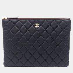 Pre Owned Chanel Black Leather Caviar Clutch New Medium
