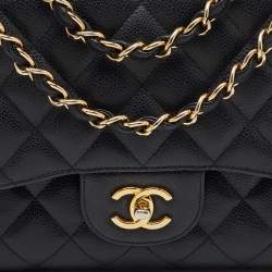 Pre Owned Chanel Black Quilted Caviar Leather Jumbo Classic Double Flap Bag