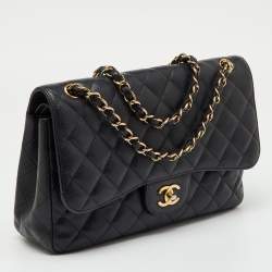 Pre Owned Chanel Black Quilted Caviar Leather Jumbo Classic Double Flap Bag