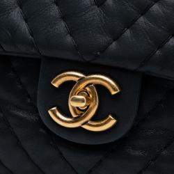 Pre Owned Chanel Black Large Chevron Iridescent Calfskin Surpique Flap