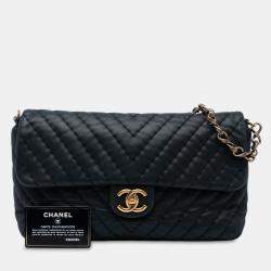 Pre Owned Chanel Black Large Chevron Iridescent Calfskin Surpique Flap