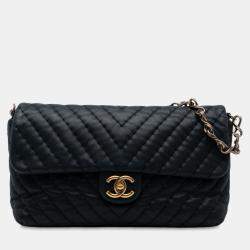 Pre Owned Chanel Black Large Chevron Iridescent Calfskin Surpique Flap