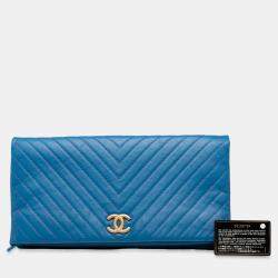 Pre Owned Chanel Blue CC Chevron Lambskin Fold Over Clutch