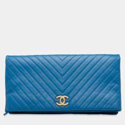 Pre Owned Chanel Blue CC Chevron Lambskin Fold Over Clutch