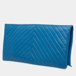 Pre Owned Chanel Blue CC Chevron Lambskin Fold Over Clutch