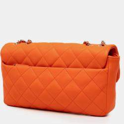 Pre Owned Chanel Orange Medium Quilted Lambskin Rubber Coco Rain Flap