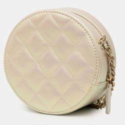 Pre Owned Chanel White Iridescent Quilted Lambskin Round Clutch With Chain