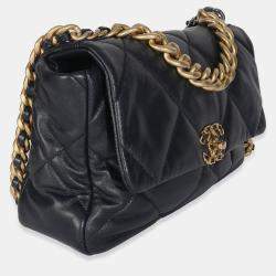 Pre Owned Chanel Navy Quilted Shiny Lambskin Medium Chanel 19 Flap Bag
