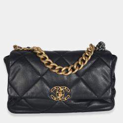 Pre Owned Chanel Navy Quilted Shiny Lambskin Medium Chanel 19 Flap Bag