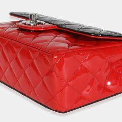 Pre Owned Chanel Red Black Quilted Patent Bi-Color Mini Rectangular Flap Bag