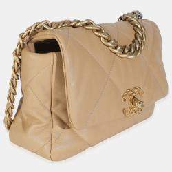 Pre Owned Chanel Beige Quilted Lambskin Chanel 19 Flap Bag