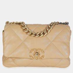 Pre Owned Chanel Beige Quilted Lambskin Chanel 19 Flap Bag