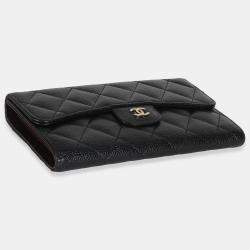 Pre Owned Chanel Black Quilted Caviar Long Classic Flap Wallet