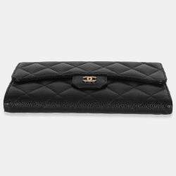 Pre Owned Chanel Black Quilted Caviar Long Classic Flap Wallet