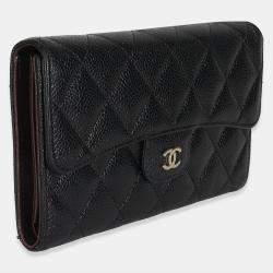 Pre Owned Chanel Black Quilted Caviar Long Classic Flap Wallet
