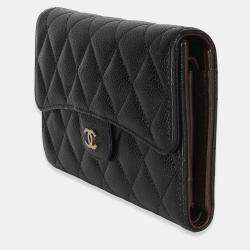 Pre Owned Chanel Black Quilted Caviar Long Classic Flap Wallet