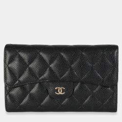 Pre Owned Chanel Black Quilted Caviar Long Classic Flap Wallet