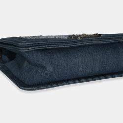 Pre Owned Chanel Blue Multicolor Denim Quilted Tweed Old Medium Boy Bag