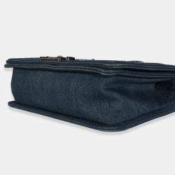 Pre Owned Chanel Blue Multicolor Denim Quilted Tweed Old Medium Boy Bag