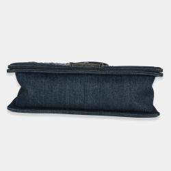 Pre Owned Chanel Blue Multicolor Denim Quilted Tweed Old Medium Boy Bag