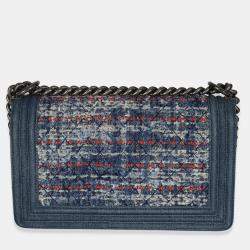 Pre Owned Chanel Blue Multicolor Denim Quilted Tweed Old Medium Boy Bag