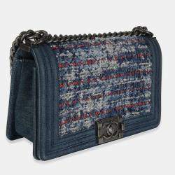 Pre Owned Chanel Blue Multicolor Denim Quilted Tweed Old Medium Boy Bag