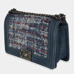 Pre Owned Chanel Blue Multicolor Denim Quilted Tweed Old Medium Boy Bag