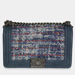 Pre Owned Chanel Blue Multicolor Denim Quilted Tweed Old Medium Boy Bag