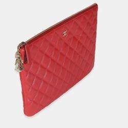 Pre Owned Chanel Red Quilted Lambskin Medium Casino Beauty CC Cosmetic Case