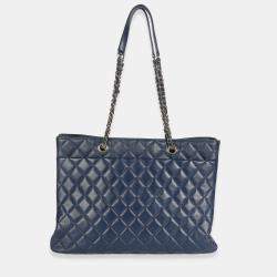 Pre Owned Chanel Blue Quilted Calfskin Large CC Shopping Tote Bag