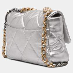 Pre Owned Chanel Silver Large Metallic Lambskin 19 Flap