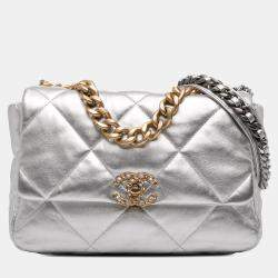 Pre Owned Chanel Silver Large Metallic Lambskin 19 Flap