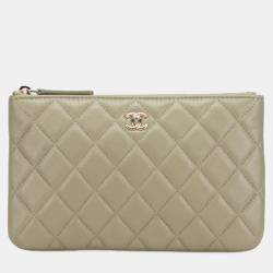 Pre Owned Chanel Green Small Quilted Lambskin O Case Zip Pouch