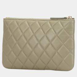 Pre Owned Chanel Green Small Quilted Lambskin O Case Zip Pouch