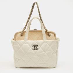 Pre Owned Chanel White/Cream Quilted Glazed Leather and Suede Portobello Tote 