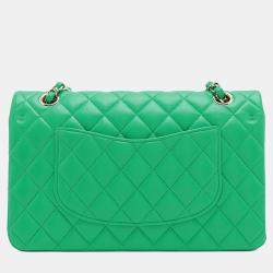 Pre Owned Chanel Green Medium Classic Lambskin Double Flap