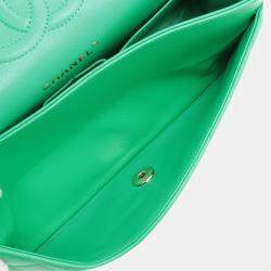 Pre Owned Chanel Green Medium Classic Lambskin Double Flap
