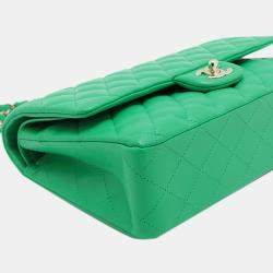 Pre Owned Chanel Green Medium Classic Lambskin Double Flap