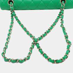 Pre Owned Chanel Green Medium Classic Lambskin Double Flap