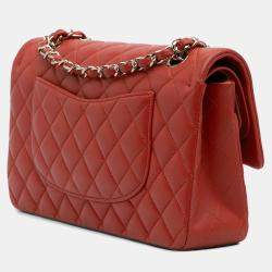Pre Owned Chanel Red Medium Classic Lambskin Double Flap