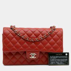 Pre Owned Chanel Red Medium Classic Lambskin Double Flap