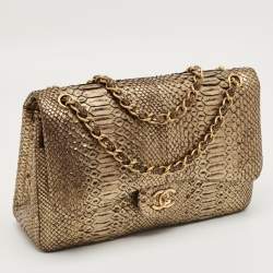 Pre Owned Chanel Gold/Black Python Jumbo Classic Double Flap Bag