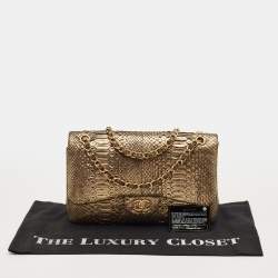 Pre Owned Chanel Gold/Black Python Jumbo Classic Double Flap Bag
