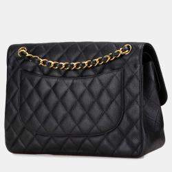Pre Owned Chanel Matelasse Coco Mark Double Flap Chain Shoulder Bag Black Caviar Skin