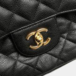 Pre Owned Chanel Matelasse Coco Mark Double Flap Chain Shoulder Bag Black Caviar Skin